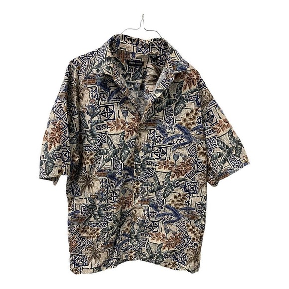 PIERRE Cardin Button Down Shirt MEDIUM Mens Hawaiian Floral Short Sleeve Tribal - Picture 1 of 4